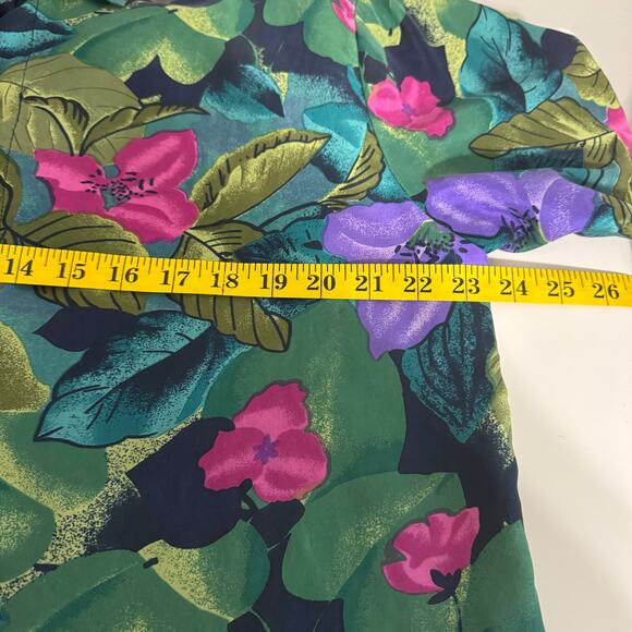Vintage Women's Silk Shirt Large Floral Button Down Tropical Shoulder Pads 80s - Picture 9 of 10